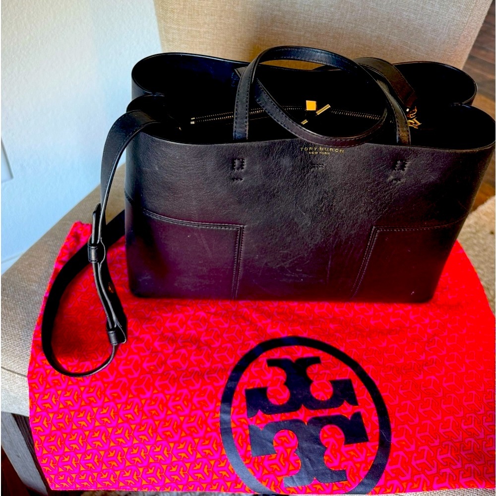 Tory Burch BLACK HANDBAG w dustbag! Gold hardware. Top handles. Removable strap